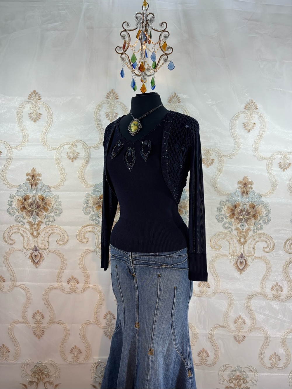 ✨Vintage Y2K Boho Navy Beaded Crochet Overlay Sweater✨